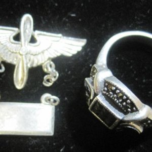 WWII sweet heart pin and a nice sterling and markasite ring