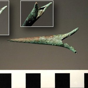brass conical arrow point from a 1637 Pequot War battle site