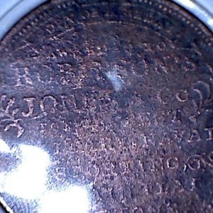 Reverse of the 1833 Robinson's Jones & Co. Hard Times Token. States "Robinson's Jones & Co. For Military, Naval, Sporting, and Plain Flat Buttons"