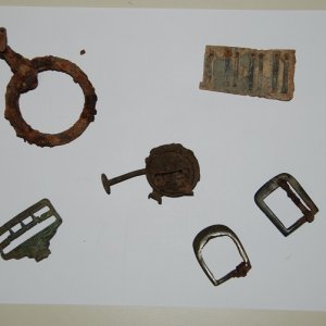 Reign guide, harmonica reed, suspender and other buckles, lantern knob (Essex, VT)