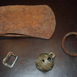 Ax head, reign guide, buckle, crotal bell (Jericho, VT)