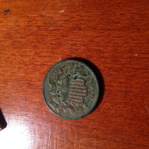 1864 two cent coin found at a cellar hole.
