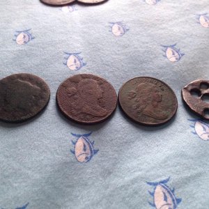 Large cents: 1827, 1801 (1/000 variety), 1802, and an unidentifiable one that's been shot but is most likely a draped bust