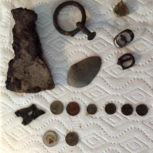Pewter spoon, buckles, hatchett