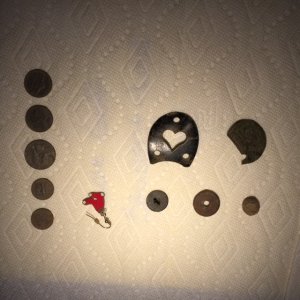 heel plate, livestock tag, hemweights, flat button (Lewis & Tomes c. 1820-1832)