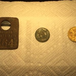 Addison County Fair tag (c. late 1800s - early 1900s), 1884 IH, 1951 10 centimes (Fr.)