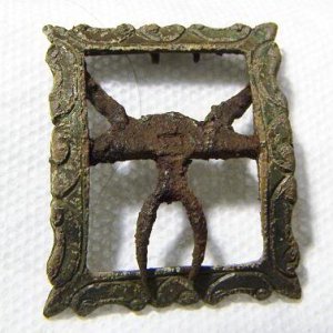 complete ornate brass shoe buckle with iron chape and tongue