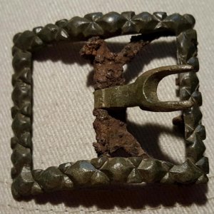 Mid 1700's era shoe buckle 38x44 mm with a "faceted" surface that was probably tinned.