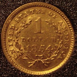 Reverse side of 1854 US Gold Dollar Type I. Found in Leesburg, Virginia at 9.5 inches with a Whites XLT and 950 coil