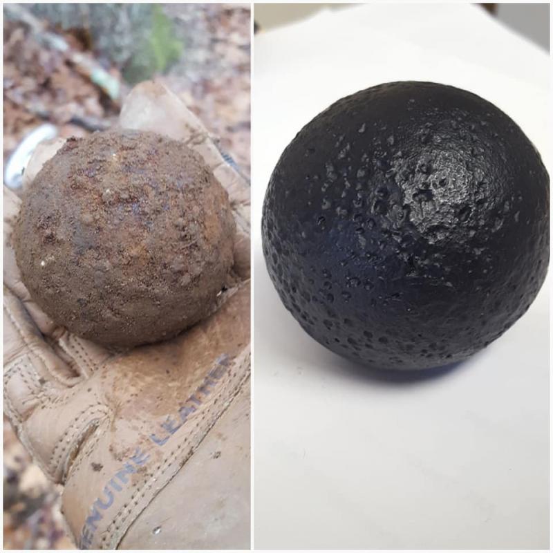 3 lb. cannon ball before after cleaning found not far from fort Decatur