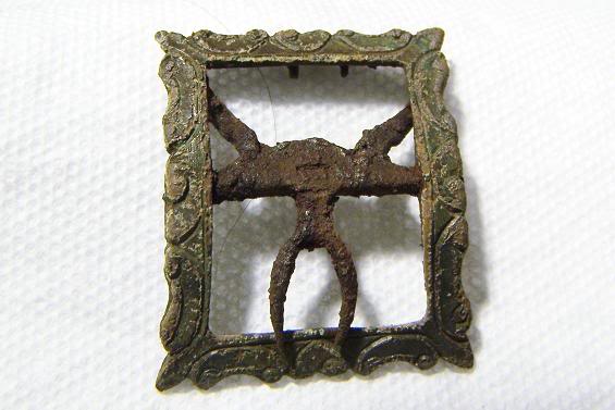 complete ornate brass shoe buckle with iron chape and tongue