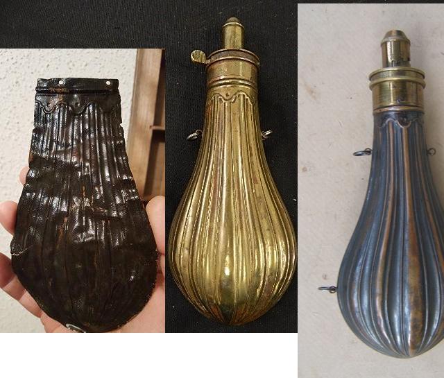 Copper powder flask (half) circa. 1850-60's made by the American Flask & Cap Co.  

also in the picture are a couple of examples of what the flask may