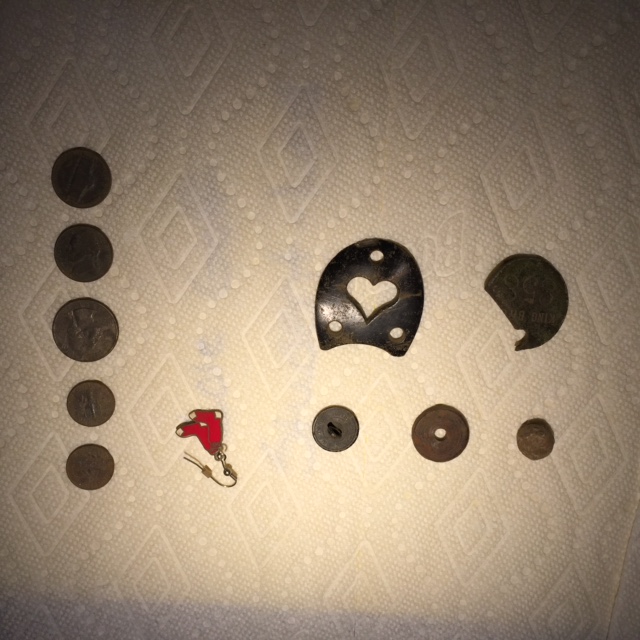 heel plate, livestock tag, hemweights, flat button (Lewis & Tomes c. 1820-1832)