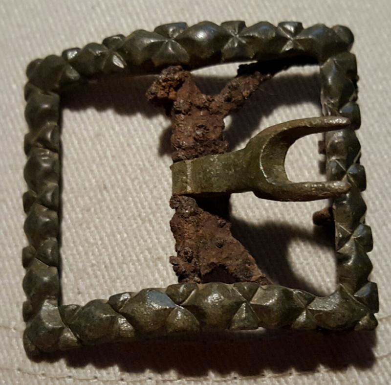 Mid 1700's era shoe buckle 38x44 mm with a "faceted" surface that was probably tinned.