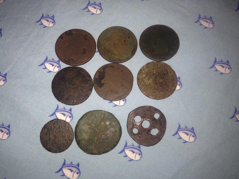 My coppers: 1801 LC, 1802 LC, 1827 LC, KG2 half penny, KG2 half penny, 1788 Ct. Copper, blank farthing, unknown crude copper, shot LC