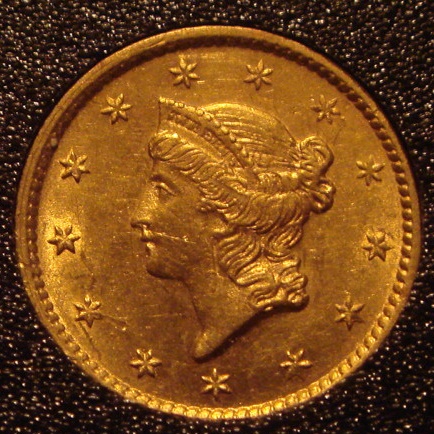 Obverse side of 1854 US Gold Dollar Type I. Found in Leesburg, Virginia at 9.5 inches with a Whites XLT and 950 coil
