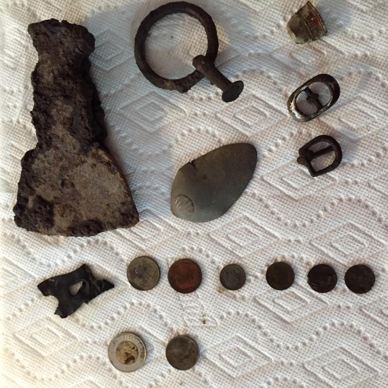 Pewter spoon, buckles, hatchett