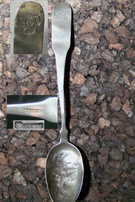 Solid coin silver spoon with Scripted 

( L R ) Monogram . Made by silversmith Joha Corbett .


    Born: 6 Jun 1766, Charlemont MA
    Died: 24 Jun 1