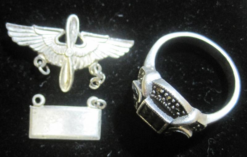 WWII sweet heart pin and a nice sterling and markasite ring